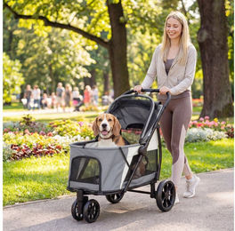 PawHut Hundebuggy Katzenwagen mit Kissen, Netzfenstern, Rückentasche, Räder, Tür, (Hundewagen, 1-tlg), für mittelgroße Hunde bis 20kg, Grau – Bild 1 von 5