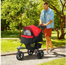 PawHut Hundebuggy klappbar Katzenwagen mit 3 Rädern, Netzfenstern, Getränkehalter, Korb, (Hundewagen, 1-tlg), für kleine Hunde bis 10 kg, Rot – Bild 1 von 5
