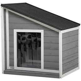 Produktbild von PawHut Hundehütte aus Holz mit aufklappbarem Asphaltdach und Türvorhang