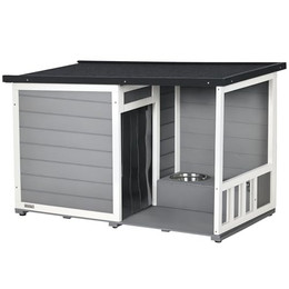 Produktbild von PawHut Hundehütte aus Holz mit Veranda und 2 Fressnäpfen