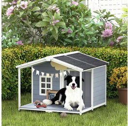 PawHut Hundehütte Erhöhtes Hundehaus aus Holz mit Asphaltdach, Terrasse, Fenster, für mittelgroße Hunde bis 20 kg 103 x 107 x 83,5 cm Grau – Bild 1 von 5