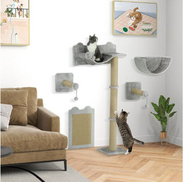Produktbild von PawHut Katzen Kletterwand 5-teilig mit Kratzpfosten und Hängematte