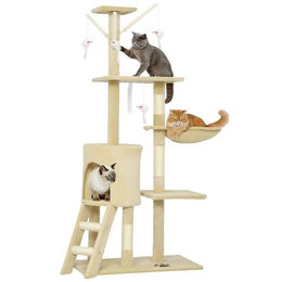 PawHut Katzenbaum 134,2 cm Hoch Kratzbaum mit 4 Spielzeugen Beige/Weiß – Bild 1 von 9