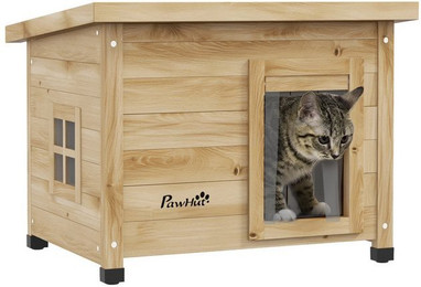 Produktbild von PawHut Katzenhaus aus Holz mit Türvorhang Gelb