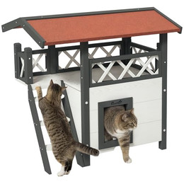 Produktbild von PawHut Katzenhaus mit Asphaltdach, 2-stöckig, Balkon, Massivholz, Weiß