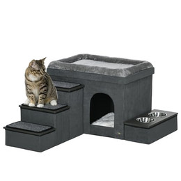 Produktbild von PawHut Katzenhöhle mit Treppe, 2 Edelstahlnäpfen und Kissen