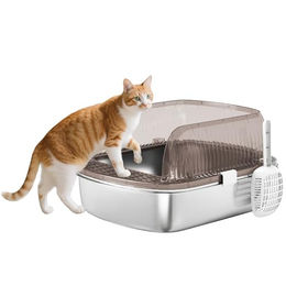 Produktbild von PawHut Katzentoilette Katzenklo Edelstahl mit hohem Rand, Wanne, Schaufel, für große Katzen unter 15 kg, Kohlegrau