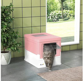 Produktbild von PawHut Katzentoilette mit Deckel und Schaufel Kunststoff Weiß+Rosa