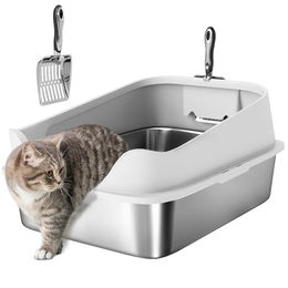 Produktbild von PawHut Katzentoilette Offene Katzenklo Edelstahl mit Schaufel hohem Rand, für große Katzen bis 7 kg, 60,2 x 40,2 x 29,7 cm, Grau