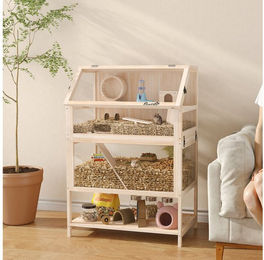 PawHut Kleintierkäfig 3 Etagen Hamsterkäfig aus Holz mit Ablage Laufrad Wippe Rampe Hütte, für Zwerghamster 80 x 53 x 117 cm Naturholz – Bild 1 von 5