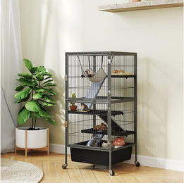 PawHut Kleintierkäfig 4-stöckiger Nagerkäfig mit ausziehbarem Tablett Rampen Hängematte, für Frettchen Chinchillas Eichhörnchen 52 x 52 x 115 cm Grau – Bild 1 von 5