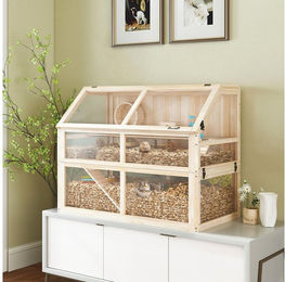 Produktbild von PawHut Kleintierkäfig Hamsterkäfig aus Holz 3 Etagen mit Wippe Laufrad Hütte, für Zwerghamster 95 x 53 x 76 cm Naturholz