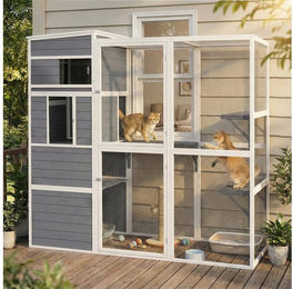 Produktbild von PawHut Kleintierkäfig Katzengehege mit 3 Plattformen wetterfestem Dach Ruhebereich Fenster, für 3-4 Katze bis 10 kg für drinnen und draußen Grau