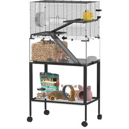 Produktbild von PawHut Kleintierkäfig Kleintiergehege mit 3 Ebenen, Zubehör, für Hamster, Zwerghamster, 77x49x130.5 cm, Schwarz