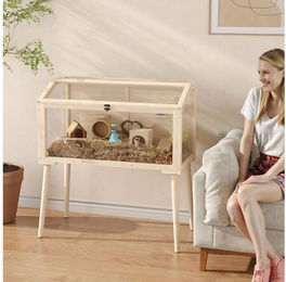 PawHut Kleintierkäfig Kleintierstall mit Zubehör, Wasserflasche, für Hamster, Zwerghamster, 110x52x101 cm, Naturholz – Bild 1 von 9