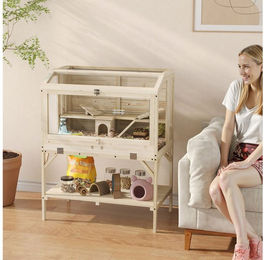 Produktbild von PawHut Kleintierkäfig mit Aufbewahrungsfach, Zubehör, für Hamster, Zwerghamster, 84x53x110 cm, Naturholz