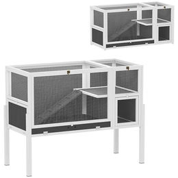 Produktbild von PawHut Kleintierstall Kaninchenstall aus Holz mit Rampe, Eingängen, Ruheraum, für Zwergkaninchen und Meerschweinchen, Grau