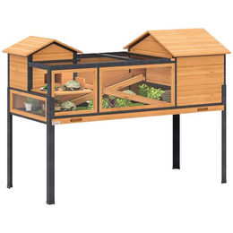 Produktbild von PawHut Kleintierstall mit 2 Räume, 2 Stockwerke, Fenster, Rampen, für Schildkröten, Geckos, Küken, Gelb