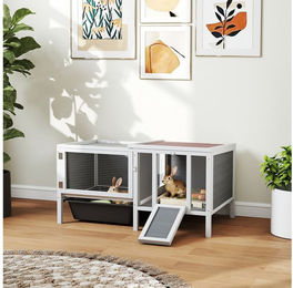 PawHut Kleintierstall mit Freilaufgehege, Rampe, 3 Eingängen, Ausziehschale, für Zwergkaninchen und Meerschweinchen, Grau – Bild 1 von 5