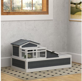 PawHut Kleintierstall Schildkrötenhaus aus Holz mit 2 Ebenen, Haupthäusern, Balkon, Schildkrötengehege für Schildkröten, Reptilien, Grau – Bild 1 von 5