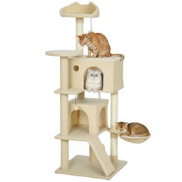 PawHut Kratzbaum 140 cm Katzenturm mit Hängematte, Leiter, Höhle, 2 Plüschballen, Sisalstämme, große Plattform, für Katzen unter 5 kg, Beige – Bild 1 von 9