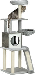Produktbild von PawHut Kratzbaum aus Holz 141,5 cm mit Katzenhöhle und Hängebett, Grau