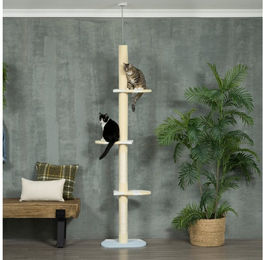 PawHut Kratzbaum Deckenhoch, 220-260 cm, mit Spielball, Katzenbaum höhenverstellbar, mit Kippschutz, Plüsch, Gelb – Bild 1 von 5