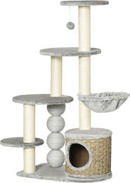 Produktbild von PawHut Kratzbaum mit Katzenhöhle, Hängematte und Spielball, Hellgrau