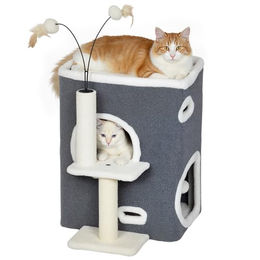 PawHut Kratzbaum Plüsch, für Katzen unter 5 kg, 2-stöckiges Haus, Sisalpfosten, Grau – Bild 1 von 9