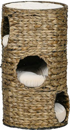 Produktbild von PawHut Kratztonne aus Wasserhyazinthe mit 3 Höhlen und Kissen