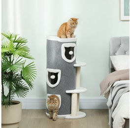 Produktbild von PawHut Kratztonne mit Höhle, Spielball, Plüschrand, Sisal-Kratzbäumen, oberem Bett, (mehrstöckig Kratzbaum, 1-tlg., 101 cm hoch Katzentonne), für Katze bis 6 kg, Grau