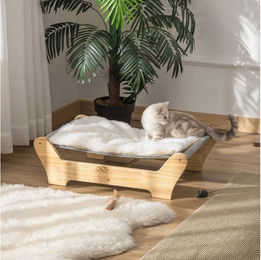 PawHut Tierbett Katzenbett mit Gestell, weichem Kissen, Natur, samtartiges-, leinenartiges Polyester, 68B x 43T x 20H cm – Bild 1 von 5