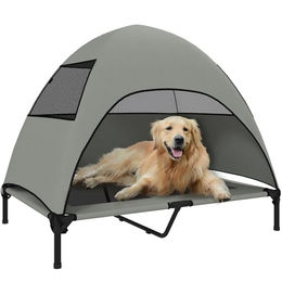 PawHut Tierbett mit Dach, waschbares Mesh Metallrahmen, Tragtasche, Polyester, Für große Hunde, für Draußen Camping 106x76x99cm, Hellgrau – Bild 1 von 9