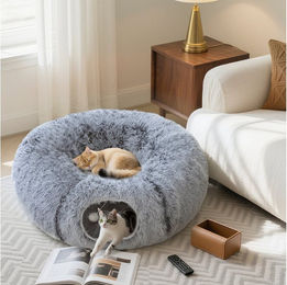 Produktbild von PawHut Tiertunnel Katzenspielzeug mit Spielball, Katzenhöhle, Polyester, Metall, mit 2 Tunneln, Katzenbett, für Katzen unter 5 kg, Hellgrau