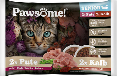 Produktbild von Pawsome Senior Pute & Kalb Mixpack - 4 x 85 g