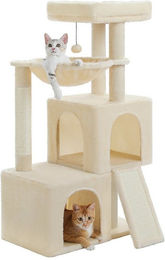 PAWZ Road Kratzbaum Kratzbaum 104cm Katzenbaum mit 2 geräumigen Höhle für Wohnungskatzen, gepolsterter Sitzstange, Kratzpad und abziehbarer Spielball grau – Bild 1 von 5