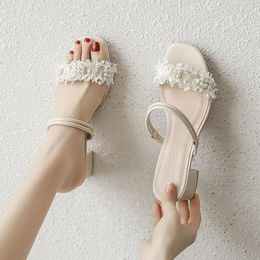 Produktbild von Pearl Accessories Two Wear Damen-Sandalen mit hohen Absätzen, Sommer, Ein-Wort-Schnallenriemen, mittelhoher Absatz, Sandalen mit grobem Absatz, weicher Besatz, Sandalen in Beinform 40