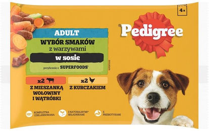 Produktbild von PEDIGREE Mix mit Gemüse Nassfutter für Hunde mit Huhn, Rind und Leber in Sauce - 4 x 100 g