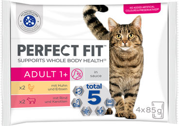 Perfect Fit Adult Katzennassfutter mit Huhn, Erbsen, Rindfleisch und Karotten - 4 x 85 g – Bild 1 von 2