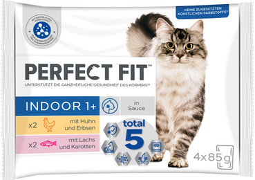 Produktbild von Perfect Fit Indoor 1+ Nassfutter für Katzen mit Huhn und Lachs - 4 x 85 g