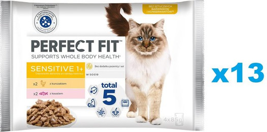 Produktbild von Perfect Fit Sensitive 1+ Nassfutter mit Huhn und Lachs für adulte Katzen - 52 x 85 g