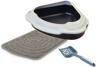 Produktbild von PETGARD Katzentoilette Deluxe XXL Ecktoilette Memphis schwarz-weiß mit Vorlegematte und Schaufel