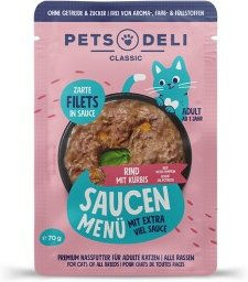 Produktbild von Pets Deli Nassfutter Katze Adult Saucen Menü Rind mit Kürbis - 12 x 70 g