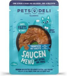 Produktbild von Pets Deli Nassfutter Katze Adult Saucen Menü Thunfisch mit Karotte 12x70 g