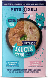 Produktbild von Pets Deli Saucen Menü Multipack Katzenfutter mit Putenfilet, Thunfischfilet und Hühnerfilet - 6 x 70 g