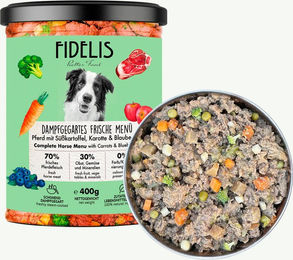 Produktbild von Pferd mit Süßkartoffel, Karotte und Blaubeeren (400g, im Glas)