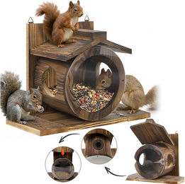 PRIISF Eichhörnchenkobel Eichhörnchen Futterhaus Wetterfest Futterstation aus Langlebigem Holz, Eichhörnchenhaus Aufhängbar Mit 2 Eingängen & 2 Sitzplattformen – Bild 1 von 5