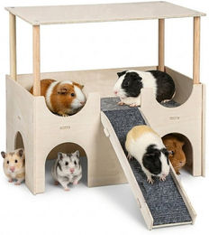 Produktbild von PRIISF Nagerhaus Meerschweinchen Haus Holz Hamster mit Plattform & Treppe als Versteck, Nagerhaus Kleintierhaus Hamsterhaus für Zwerghamster, Rennmäuse, Degus
