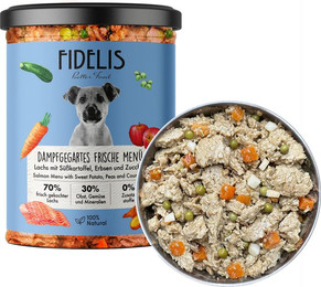 Produktbild von Probier-Glas: Frische-Menü Lachs mit Süßkartoffel, Erbsen und Zucchini (400g)