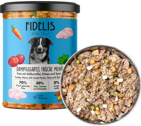 Produktbild von Probier-Glas: Frische-Menü Pute mit Süßkartoffel, Erbsen und Spinat (400g)